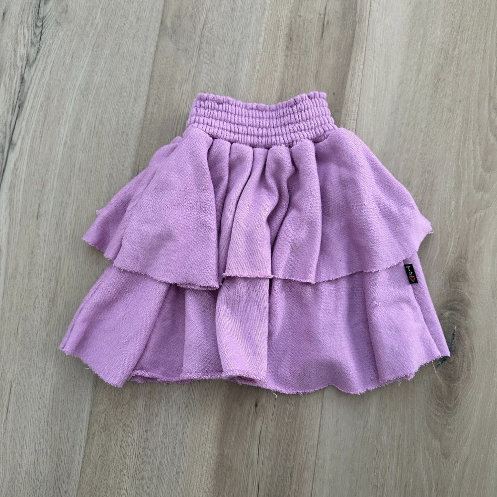 T2Love Mauve tiered terry skirt with raw edge hem